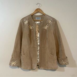 Guillaume | Genuine Leather Vintage Beige Floral Embroidered Blazer Jacket